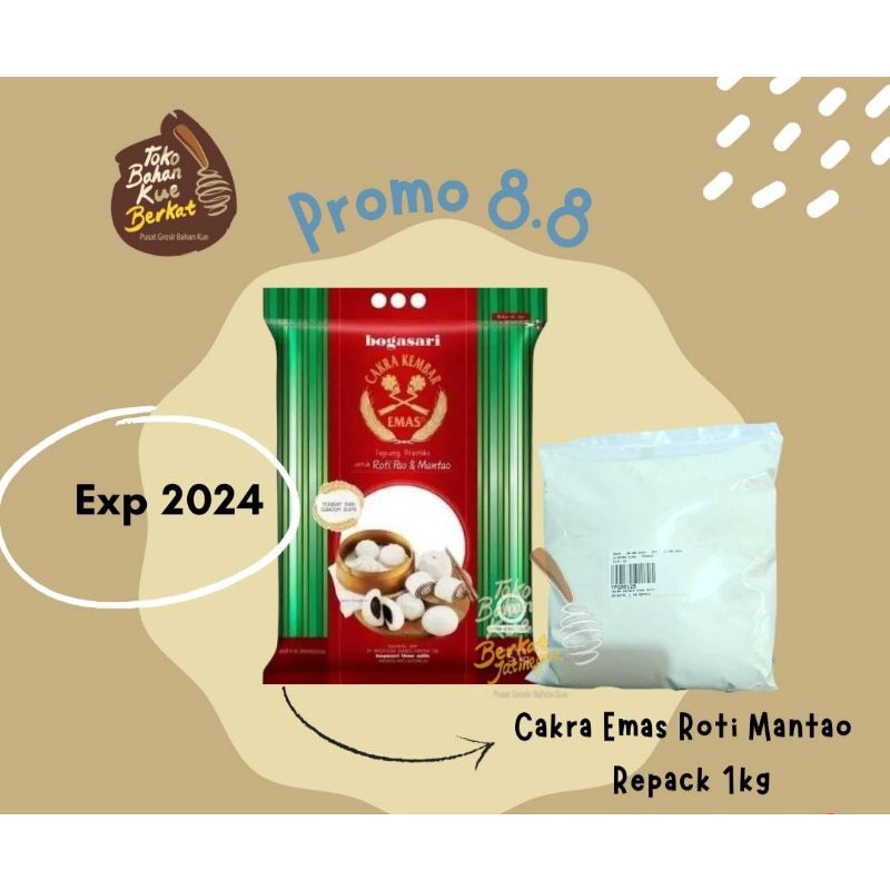 TEPUNG CAKRA KEMBAR EMAS BOGASARI KHUSUS ROTI PAO, MANTAO &amp;BAKPAO REPACK 1 KG