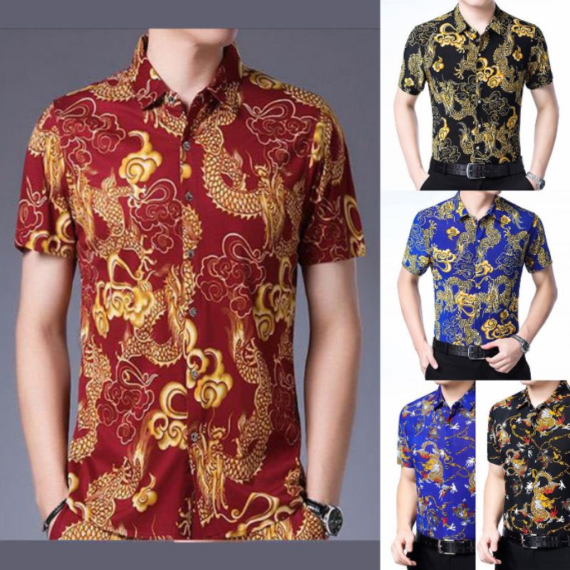 K69 M-4XL Kemeja pria baju pesta pria baju kondangan pria kemeja lengan pendek kemeja pria motif nag