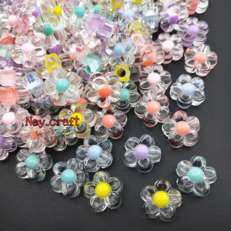 ( 12 pcs ) manik bunga bening akrilik premium / mote bunga isi akrilik bunga / manik maronce edukasi