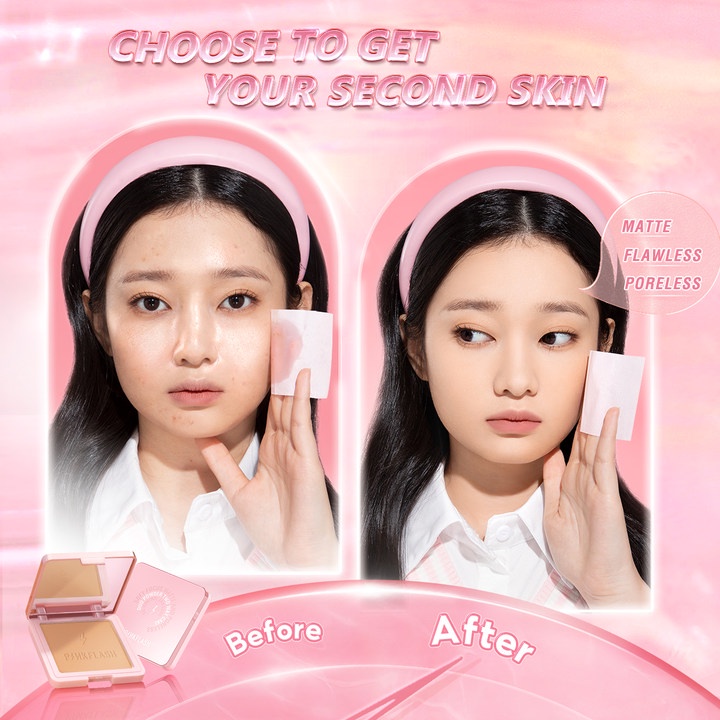 PINKFLASH Matte Oil Control Pressed Powder Bedak Padat Poreless Flawless High Coverage Face Makeup PF-F17