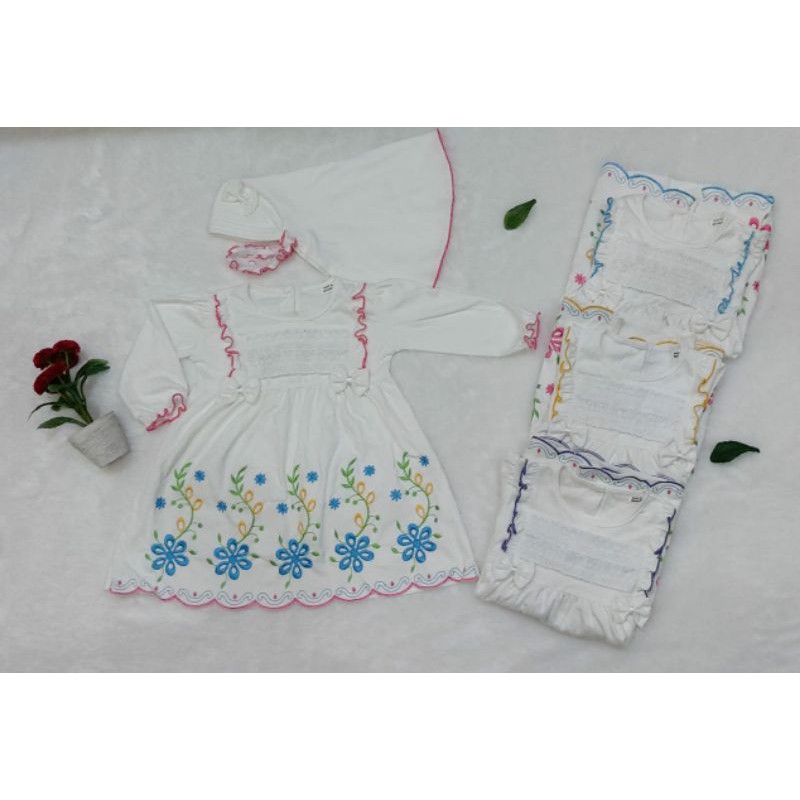 gamis anak cewek dasar putih bordir warna