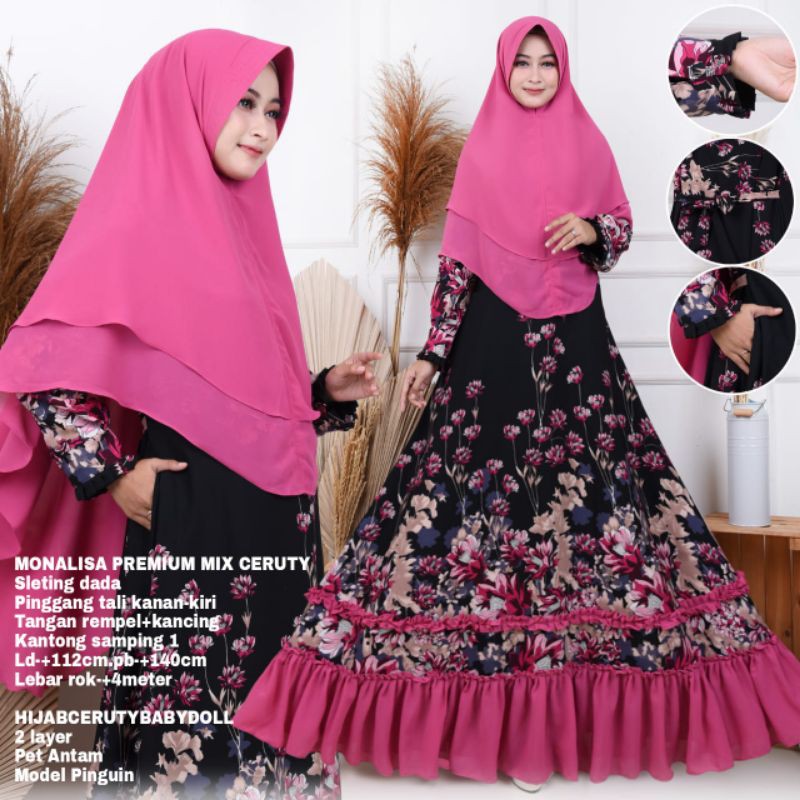 sonya maxi kombinasi  gamis monalisa rempel ceruty motif bunga set khimar seruty bebydoll/ fashion dress muslim wanita