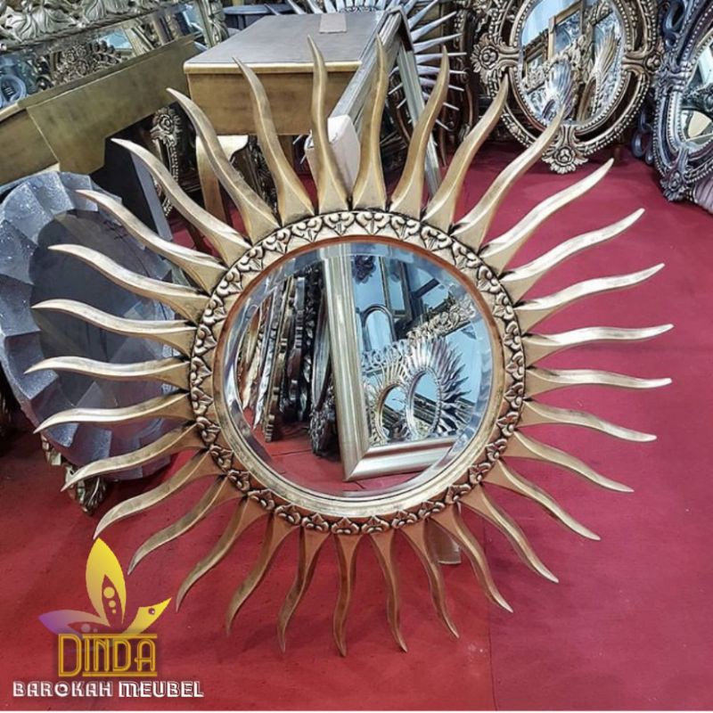 MIROR KACA CERMIN MATAHARI KERIS GOLD JATI PILIHAN UKIR MEWAH BERKUALITAS