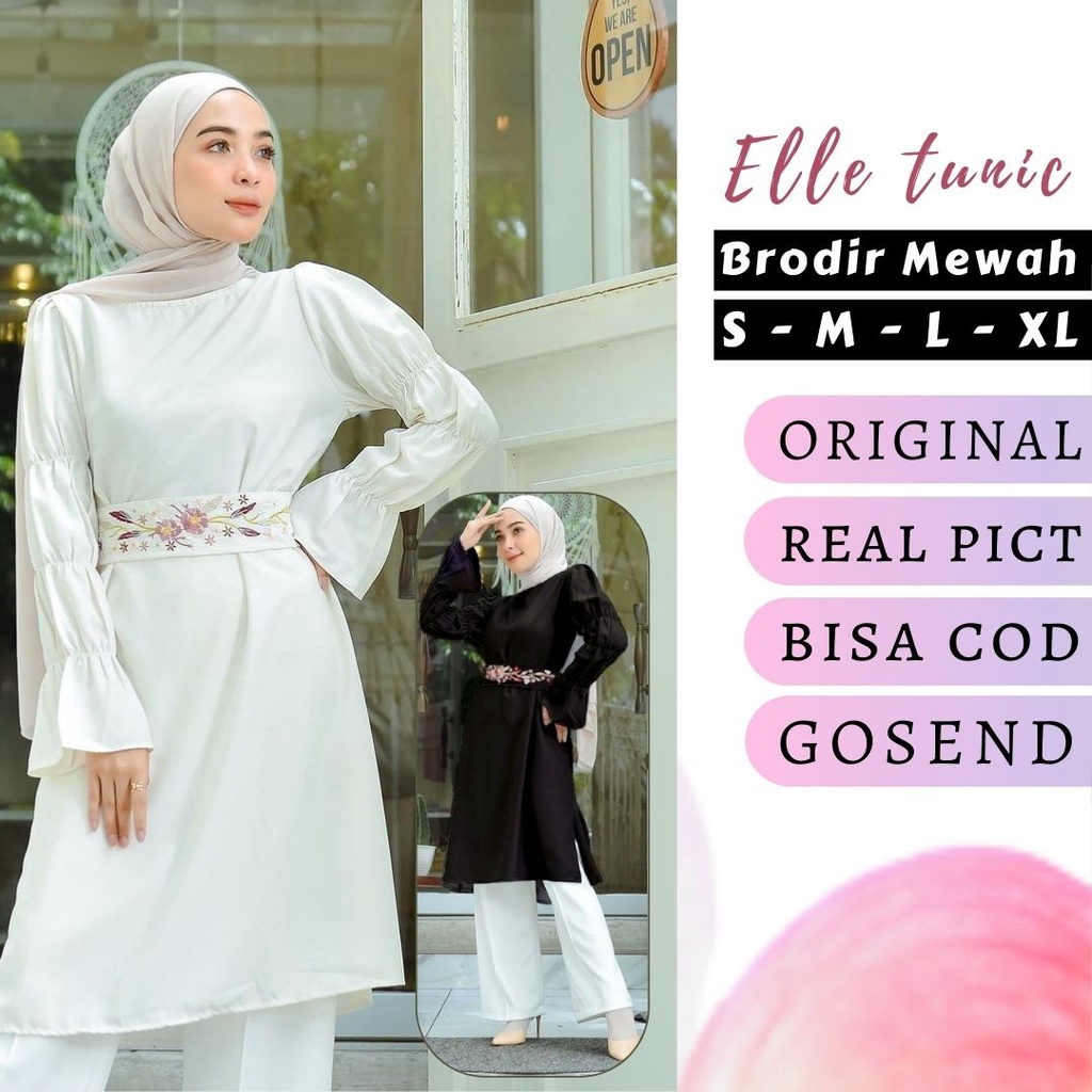 Tunik wanita terbaru 2021 kekinian jumbo premium bordir mewah tunic pesta kondangan SMLXL Elle putih