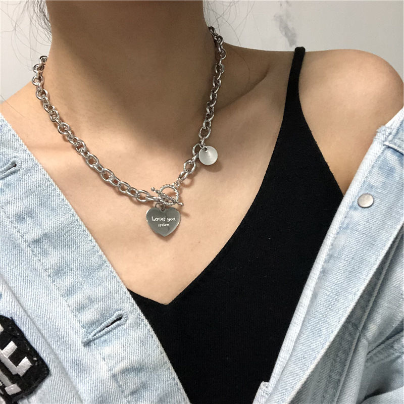 Kalung Rantai Bahan Titanium Steel Aksen Hati Dan Tulisan Love You More Gaya Hip Hop Untuk Wanita