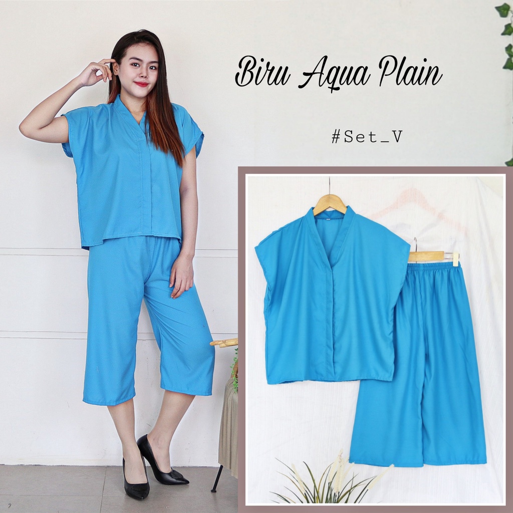 IZANY Piyama Dewasa Daily ONE SET V / SET Kulot Kimono PLAIN Polos-BIRU AQUA PLAIN