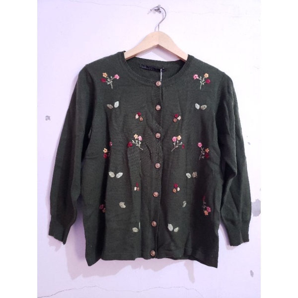 ZARA ATASAN CARDIGAN CROP RAJUT BORDIR BUNGA OUTER TANGAN BALON KOREA ORIGINAL