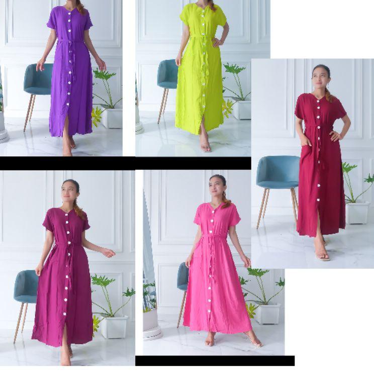 Pusat Termurah IDAKA - Daster Panjang Lengan Pendek Full Kancing- Motif Polos - All Size