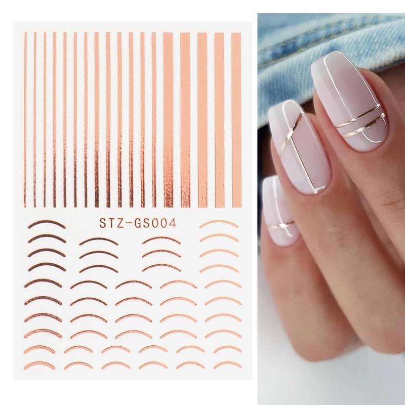 1 Lembar Stiker Kuku Motif Garis 3d Warna Rose Gold Bahan Logam Untuk Aksesoris Manicure