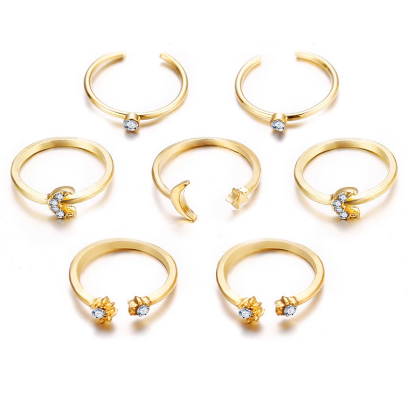 Set Cincin Model Terbuka Desain Bunga Bulan Bintang Hati Geometris Aksen Kristal Mutiara Untuk Wanita