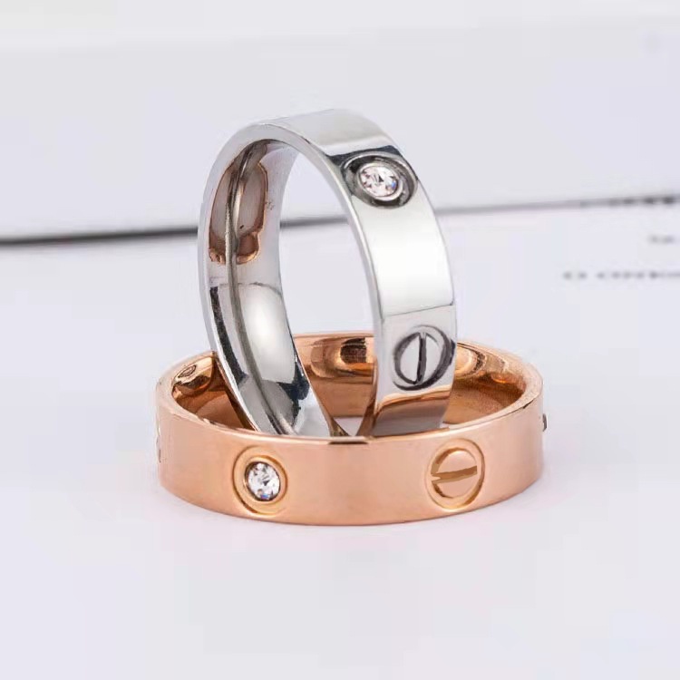 Cincin Titanium Steel Warna Rose Gold Hias Berlian Klasik Simple Unisex