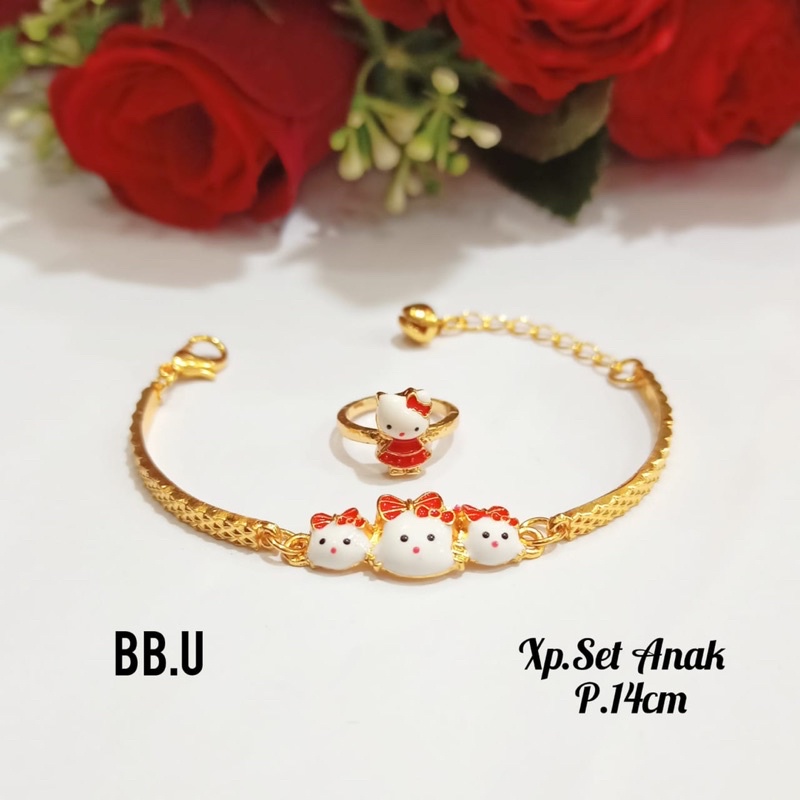 Gelang free cincin,motif Patah Plat Karakter kepala tiga hello Kitty Gold,tidak karat COD