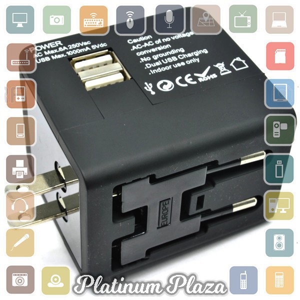 Travel Adapter Universal Plug EU UK US dengan 1A USB Port - Black`681O5W-