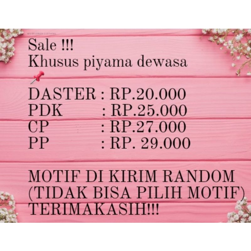 PIYAMA DEWASA MOTIF KARAKTER DAN BUNGA RAYON KATUN  RANDOM TIDAK BISA PILIH MOTIF