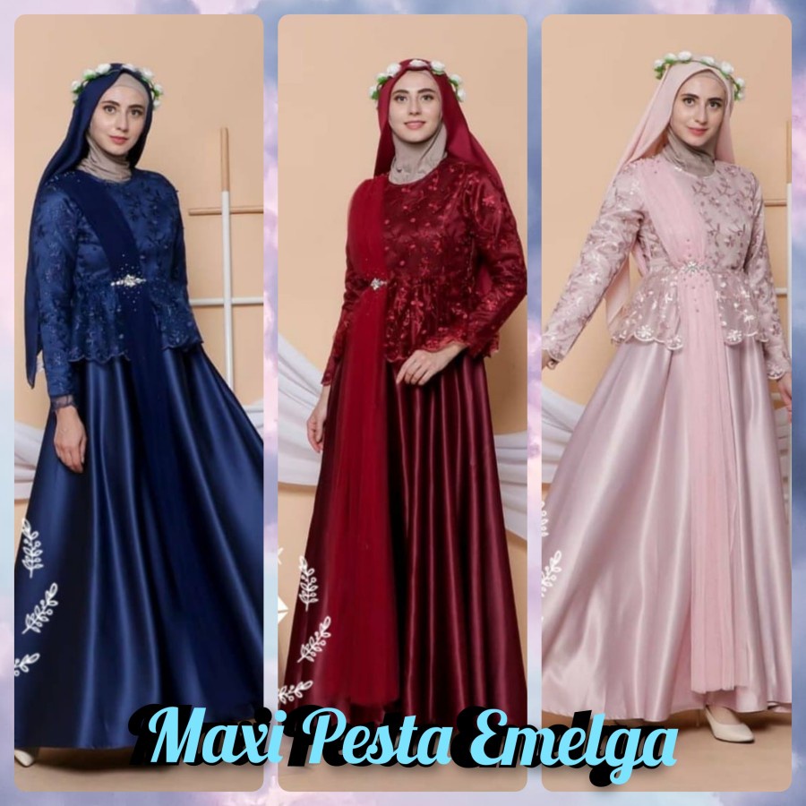 Dress Wanita Terbaru Bahan Brukat dengan Mutiara Cantik Maxi Pesta Emelga Longdress Pesta Mewah dan 