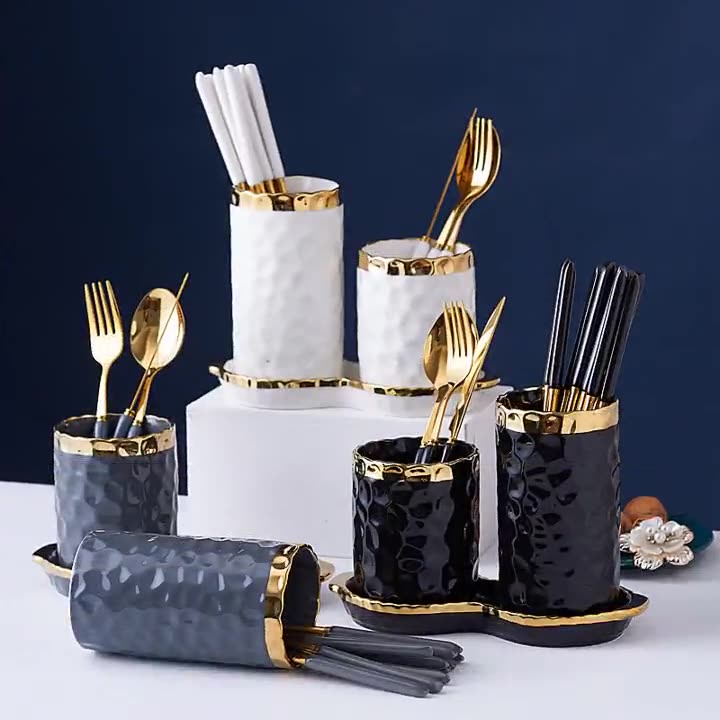 [Casa De Luxo] Tempat Sendok Keramik Dua Tabung List Gold Bermotif Polkadot / Tempat Sendok Aestetik