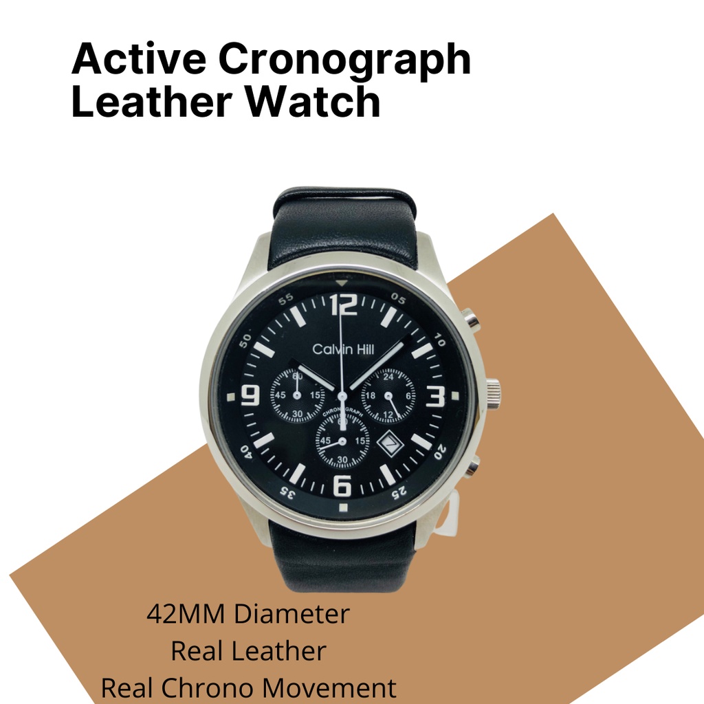 Jam Tangan Kulit Cowok Pria Calvin Hill CK Case Bulat Chronograph Aktif