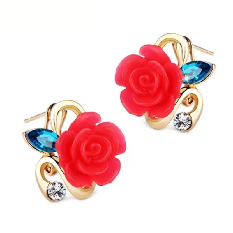 (Hello Girl)E06 Anting Wanita Model Tusuk Motif Bunga Mawar Permata Gaya Korea import