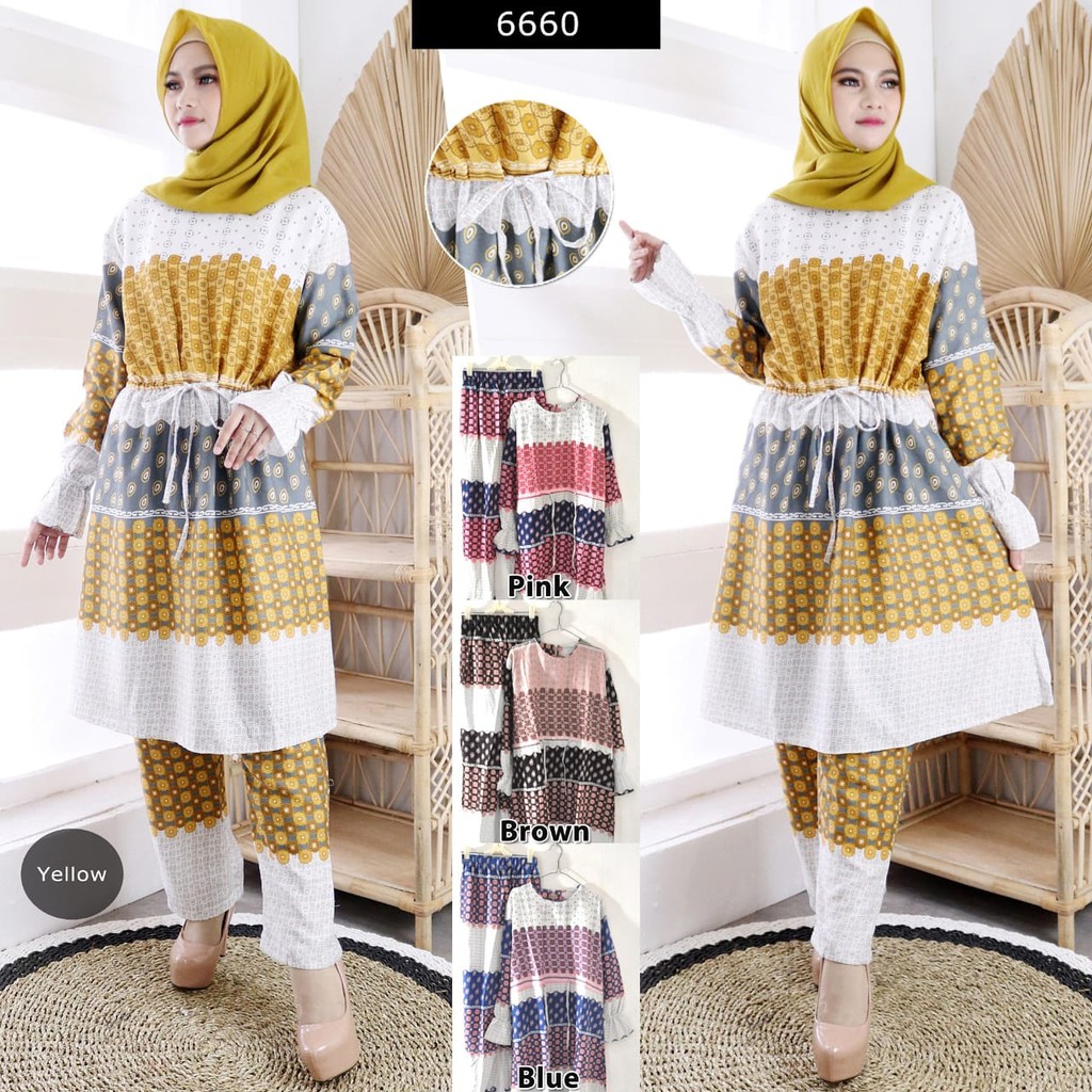 Tunik Motif Setelan Celana Wanita Muslim Model Terbaru