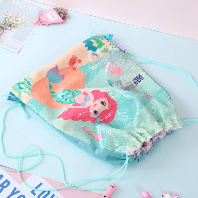 TAS SERUT MOTIF UNICORN / MERMAID REVERSE SEQUIN STRING BAG (SEQUIN BISA BOLAK BALIK) IMPORT BAGUS