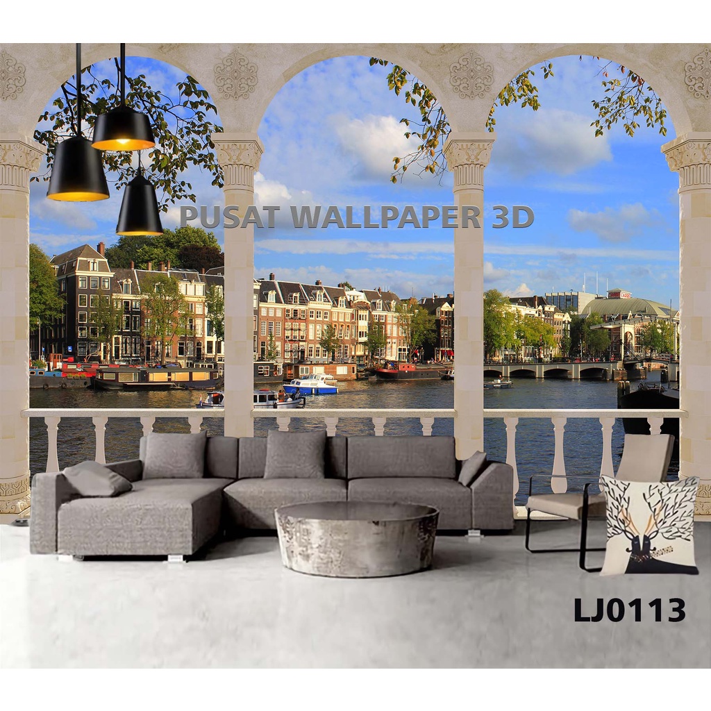 Cetak Wallpaper Custom 3d Jendela Balkon Rumah Pemandangan Alam