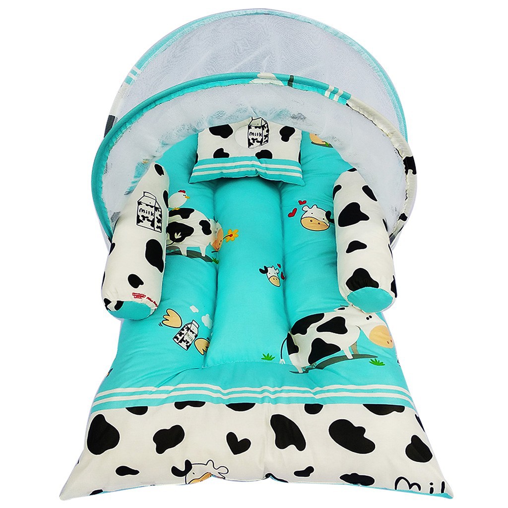 Tempat Tidur Bayi Lipat Berkelambu Motif Sunny Farm Kain Katun | Kasur Bayi Lipat | Matras Bayi-1.sunny farm toska