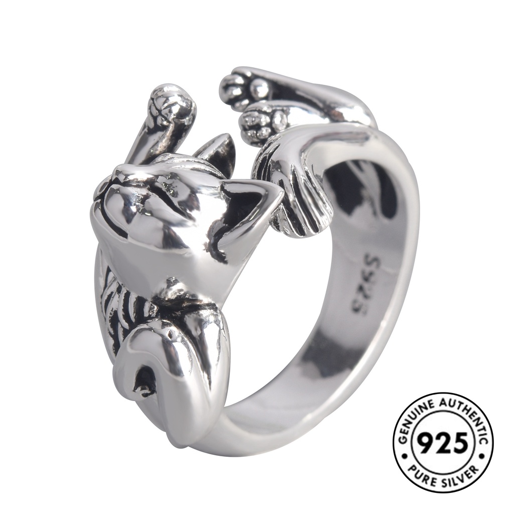 Cincin Model Terbuka Desain Kucing Bahan S925 Silver