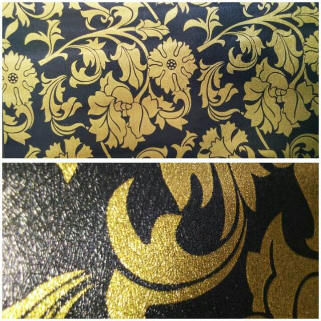 Grosir Wallpaper sticker dinding ruang tamu kamar termurah motif bunga batik hitam gold elegan mewah