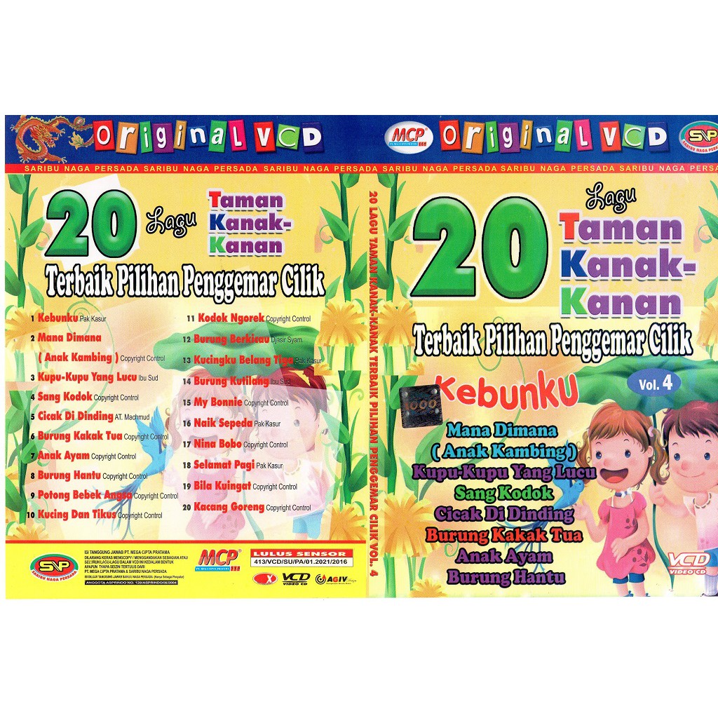 Vcd Original Lagu anak anak - 20 Lagu Taman kanak kanak Terbaik pilihan penggemar cilik Vol 4