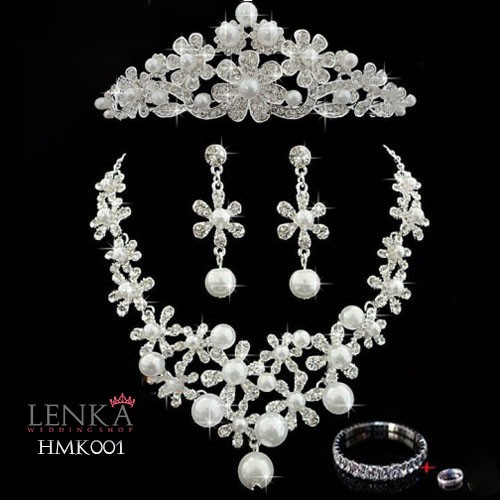 Paket Mahkota Kalung Anting Mutiara Aksesoris Wedding Modern Lenka - HMK001