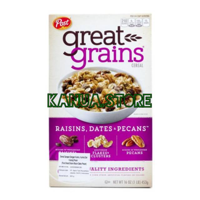 

Post great grains cereal raisins date & pecan 453gr impor USA sarapan pagi berkualitas enak & sehat