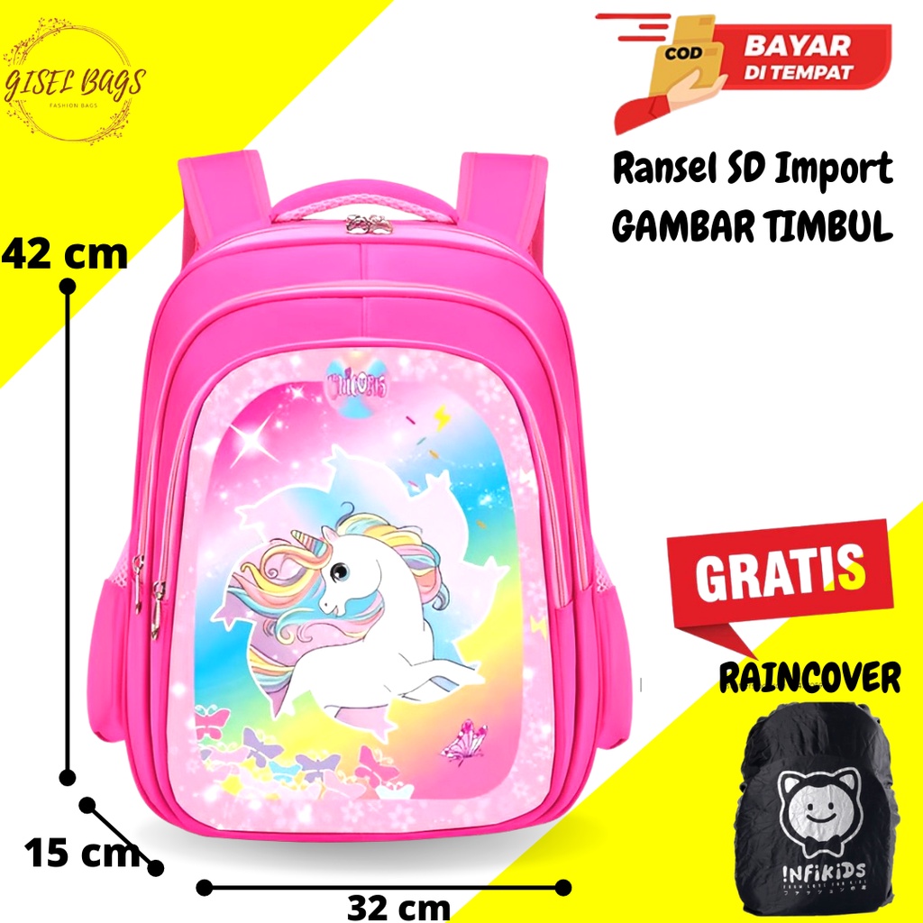 GB Tas anak peremuan sd ransel anak import gambar timbul gratis raincover bahan nilon bisa bayar di tempat cod