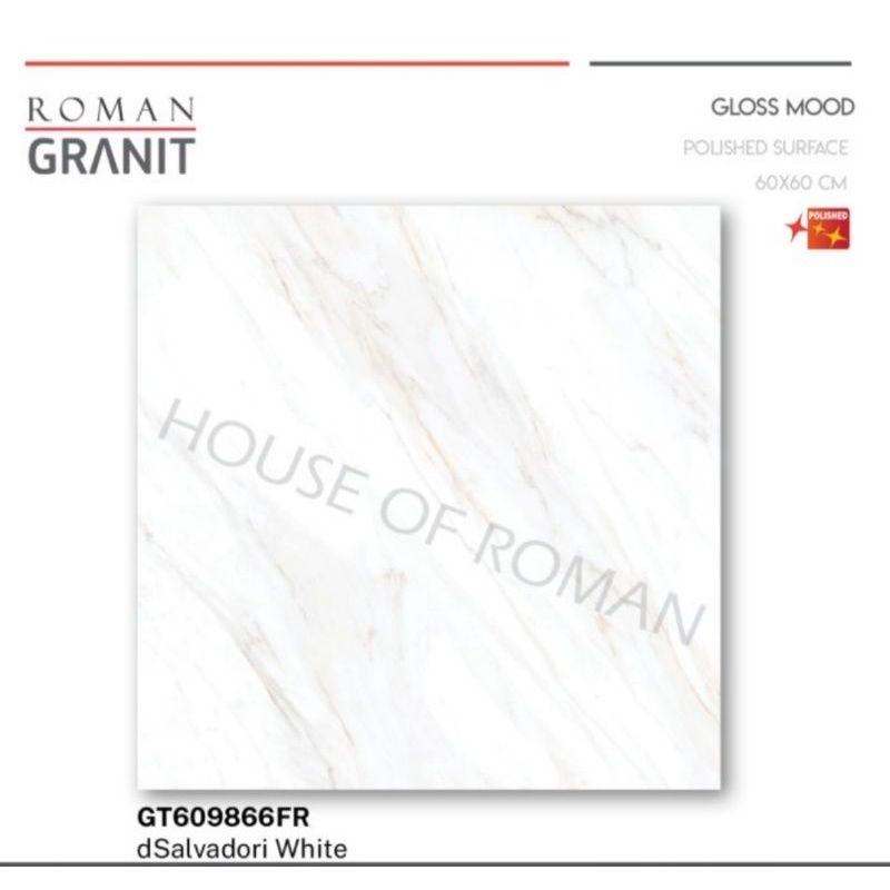 Roman Granit 60x60 dSalvadori White (Gloss Mood) / Lantai Kilap Motif Marble / Granit Lantai Motif Marmer / Granit Lantai Putih Motif Marmer / Granit Lantai Ruang Tamu Mewah / Lantai Rumah Minimalis / Lantai Ruang Keluarga Mewah