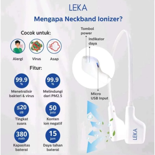 LEKA AP7216 Personal Neckband Ionizer Air Purifier Portable UV Battery