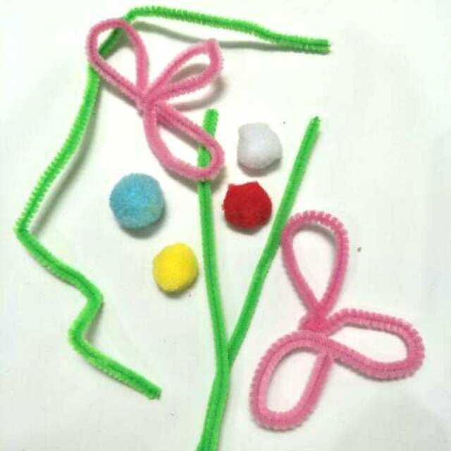 Mainan DIY Pipe Cleaner/ Kawat Bulu Pom Pom 16pcs Kreasi Anak Lucu Murah/ Bahan KTK Sekolah