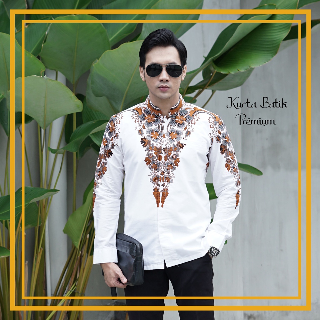 Kurta Batik Premium Baju Koko Pria Dewasa Lengan Panjang Warna Putih Kombinasi Batik Ukuran M L XL XXL Kurta Dewasa Bahan Adem dan Nyaman untuk Ibadah