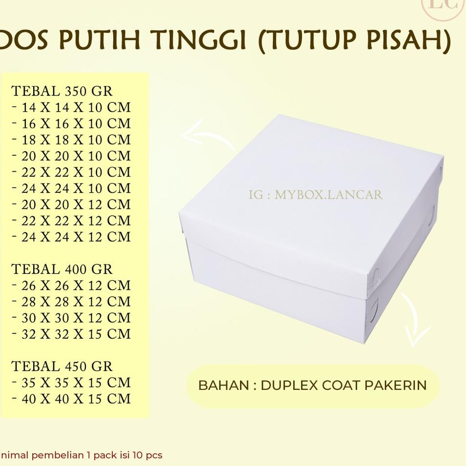 

✺ (10 LEMBAR) BOX TART PUTIH 20 X 20 X 12 CM, DUS TART PUTIH TUTUP PISAH , KEMASAN TAR KUE ←