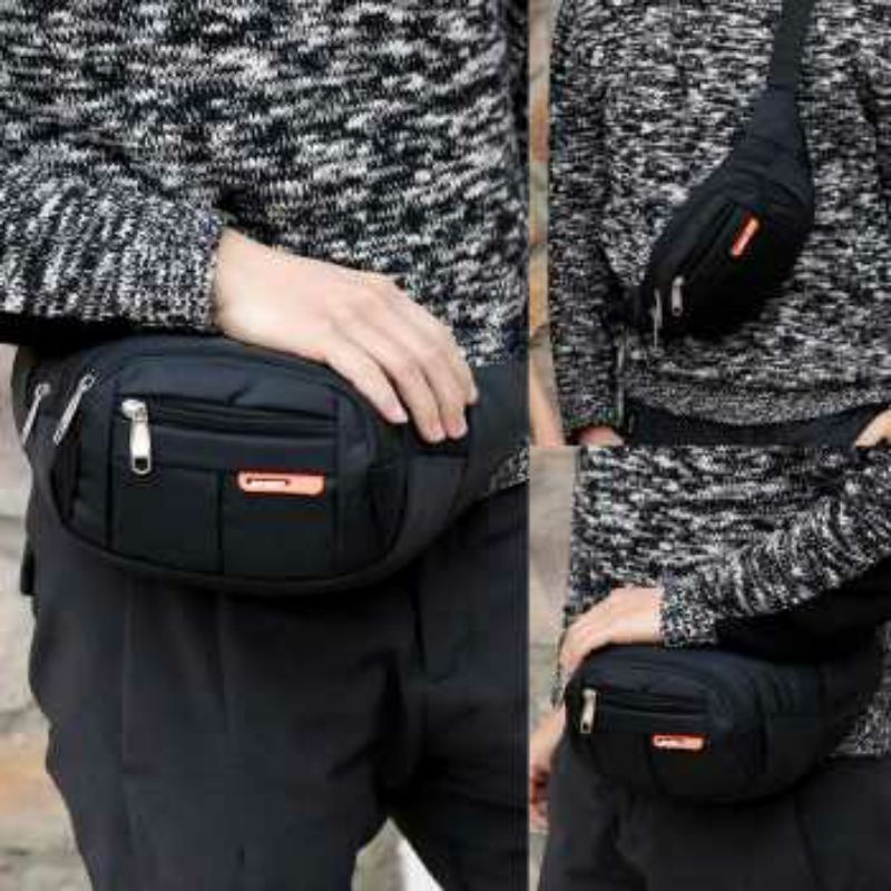 Tas Pinggang Cowok Waist Bag Pria Sport Hitam Bahan Nylon Tebal Kuat