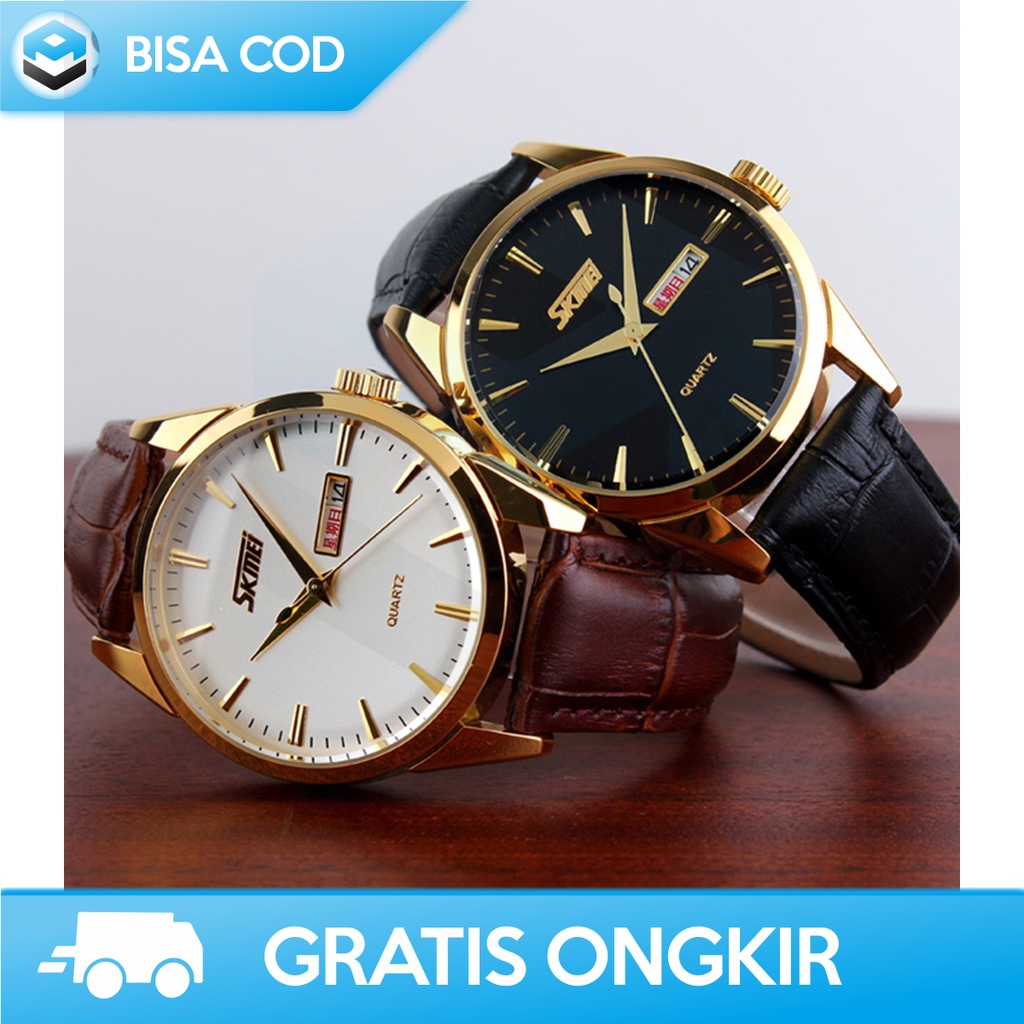 JAM TANGAN COWOK DEWASA KULIT ANALOG QUARTZ SKMEI 9073CL ORI TAHAN AIR