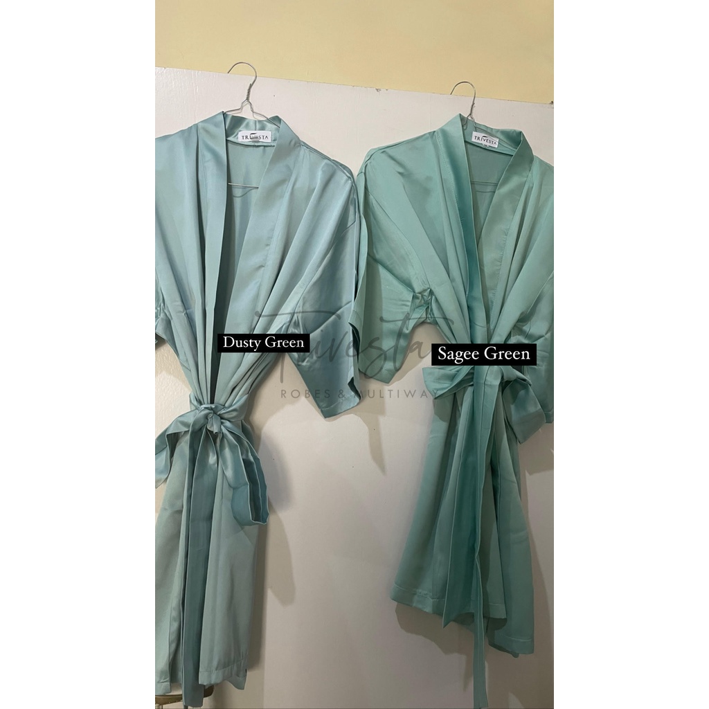 Trivesta Robes - Basic Robe Dusty Green - Kimono Robe Bridesmaid Satin + Free Bordir (Tulisan Bebas Bisa Nama)