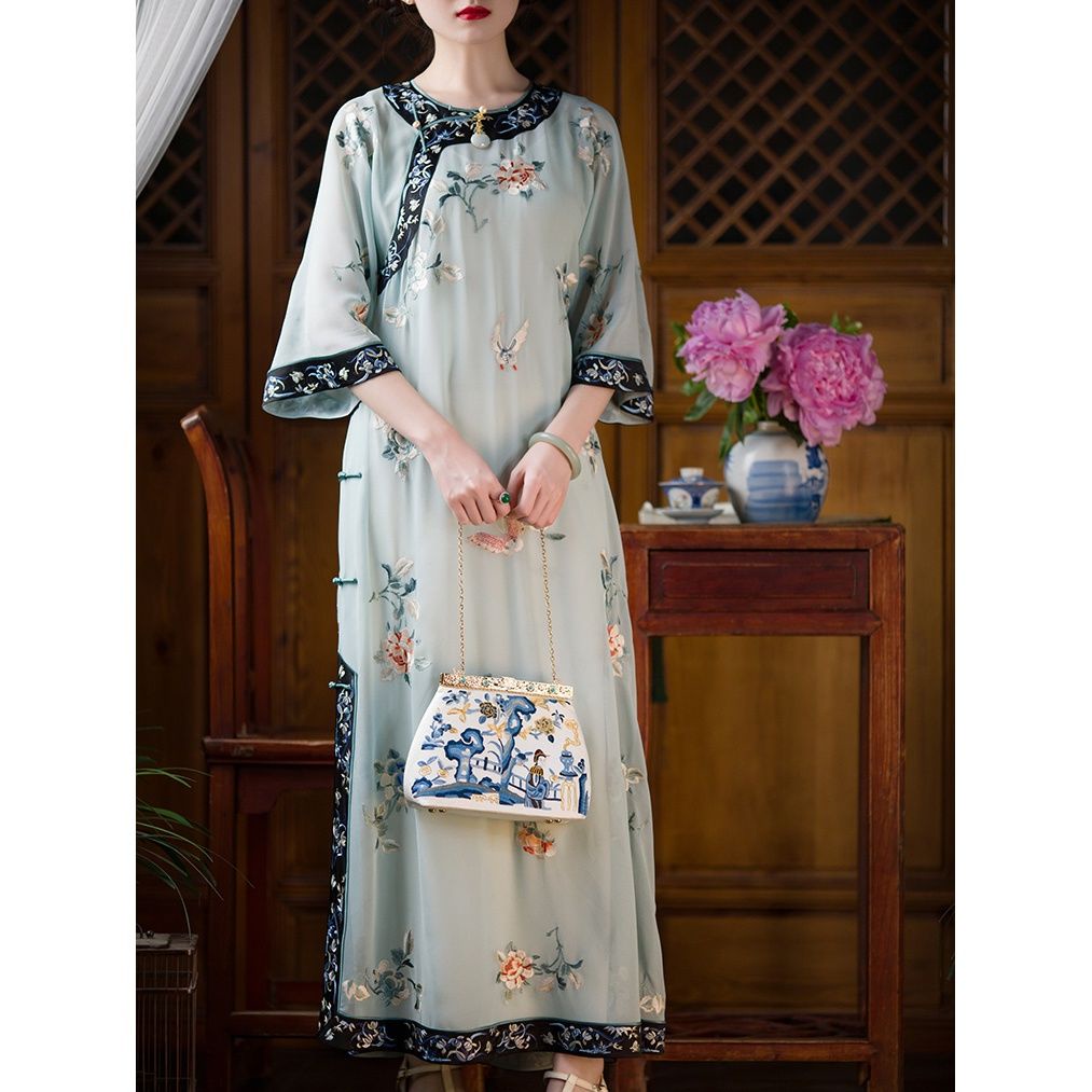 Qingfeng Ruo die - 2022 summer new style - imitation Wanqing antique clothes, retro collarless inver