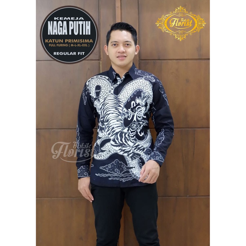 Batik Solo Kemeja Batik Panjang Naga Putih Florsit Batiksoloamanah