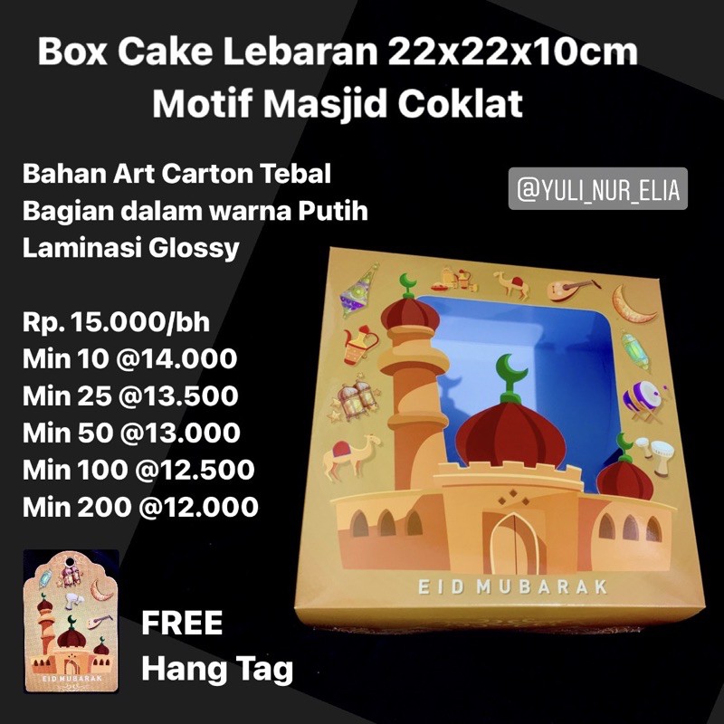 

Box Cake Lebaran 22x22x10cm Motif Masjid Coklat Bahan Art Carton Tebal