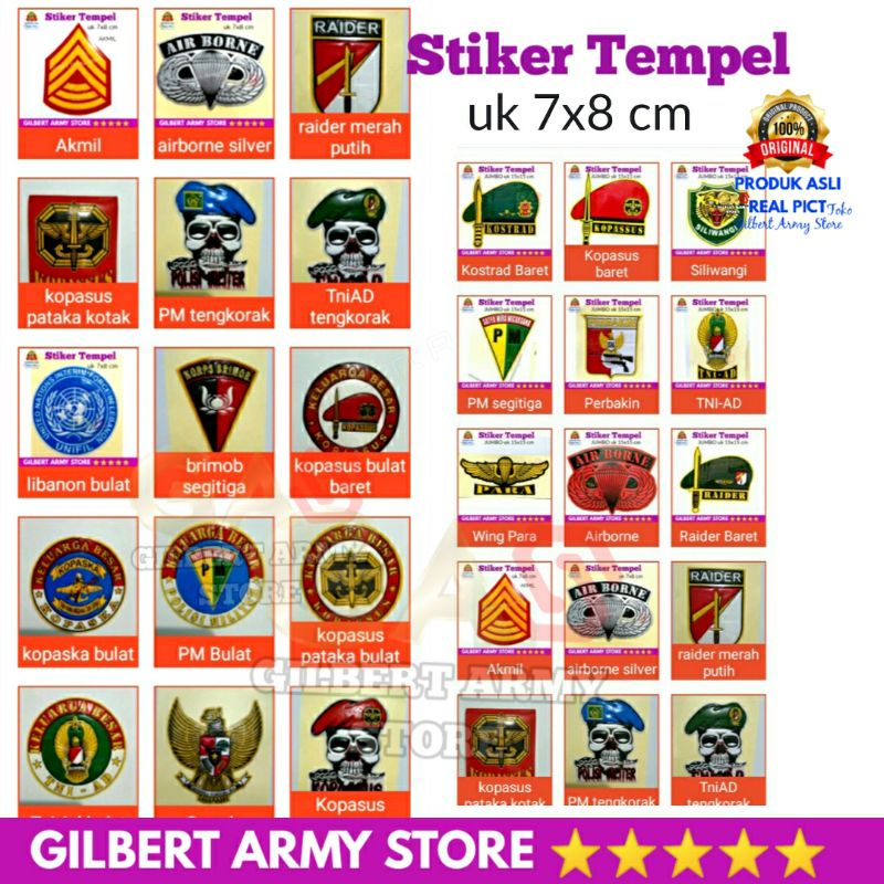 GILBERT ARMY STORE Grosir Stiker tempel Logo Kopasus Polisi Militer Tni Ad Kopaska Perbakin Un Libanon airborne Akmil Brimob Siliwangi  Kostrad Infanteri motor Mobil