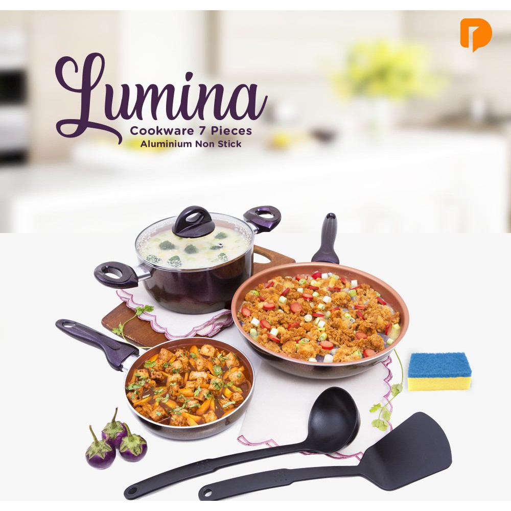 Lumina Cookware 7 Pieces Aluminium Non Stick by Dusdusan Set Peralatan Masak Ungu Metalik Mewah