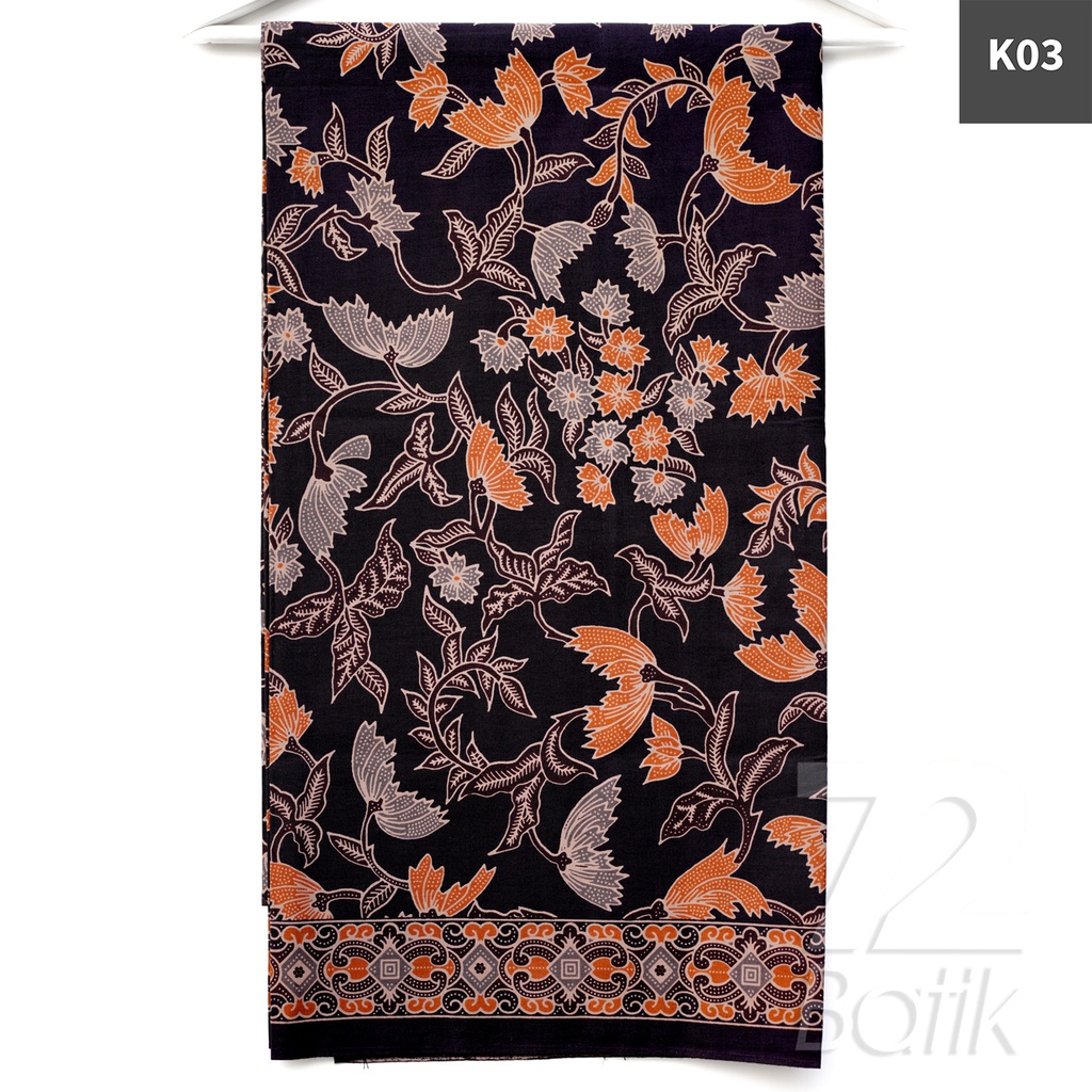 KAIN BATIK KATUN Premium Motif Kembang Warna Hitam Orange Oranye 724879 Cap 72 Jarik Jarit Samping Kebat Panjang Batik Katun Modern Premium Bahan Seragam Batik Pernikahan Kantor Keluarga Murah Kamen Jadi Batik Bali Lembaran