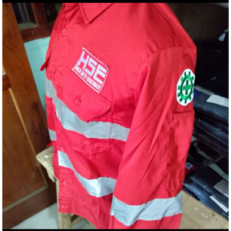 SERAGAM SAFETY MERAH HSE ATASAN KANCING FREE LOGO