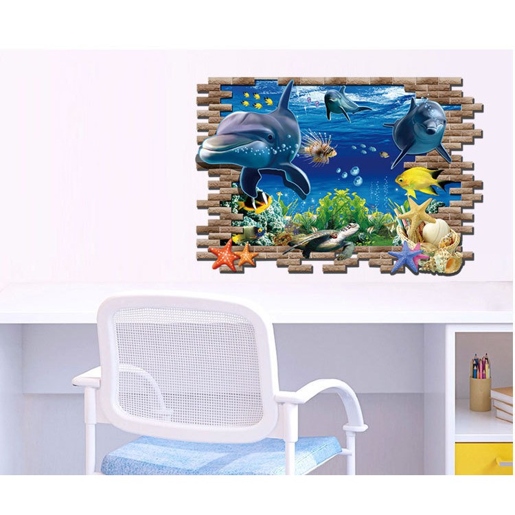 RELIZA WALL STICKER JENDELA 2D 3D IKAN LUMBA LUMBA FISH DOLPHINS STIKER DINDING AY9706