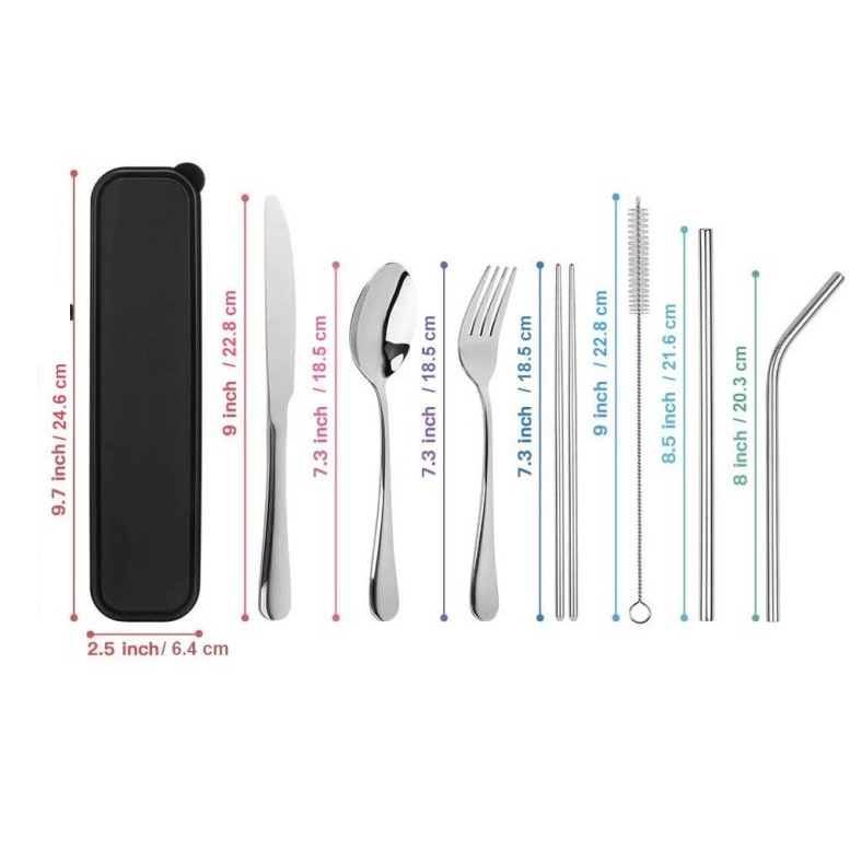 Paket Korea  lengkap 8 Pcs sendok garpu sumpit pisau sedotan stainless Steel 8in1 cutlery set 8pcs