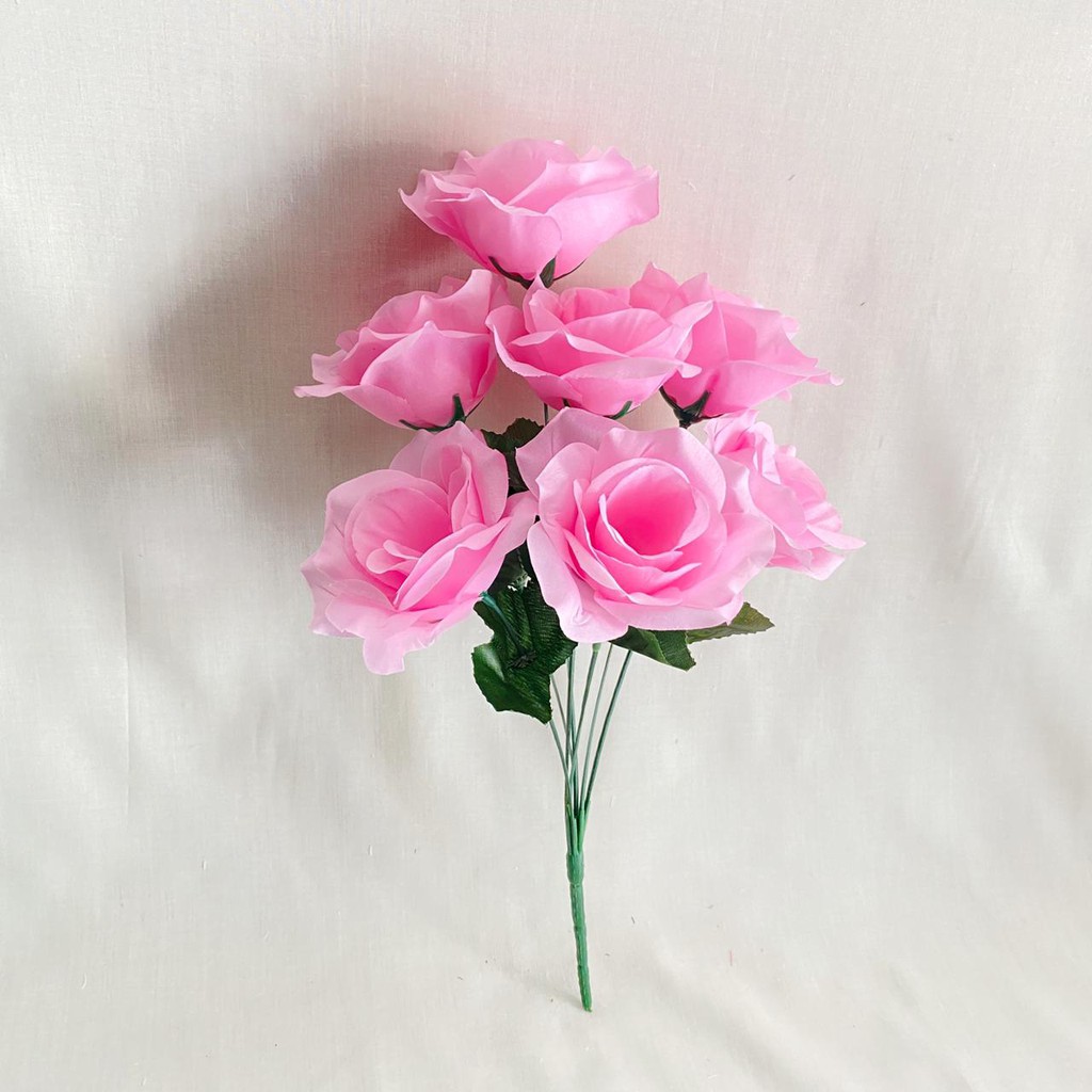 Bunga Mawar Rose Dekor X7 (satuan) Bunga Artificial / Bunga Plastik / Bunga Dekorasi / Pernikahan-Pink